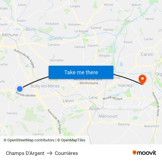 Champs D'Argent to Courrières map