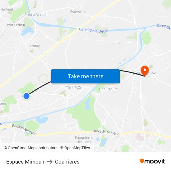 Espace Mimoun to Courrières map