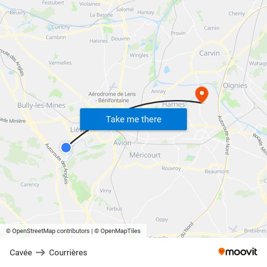 Cavée to Courrières map