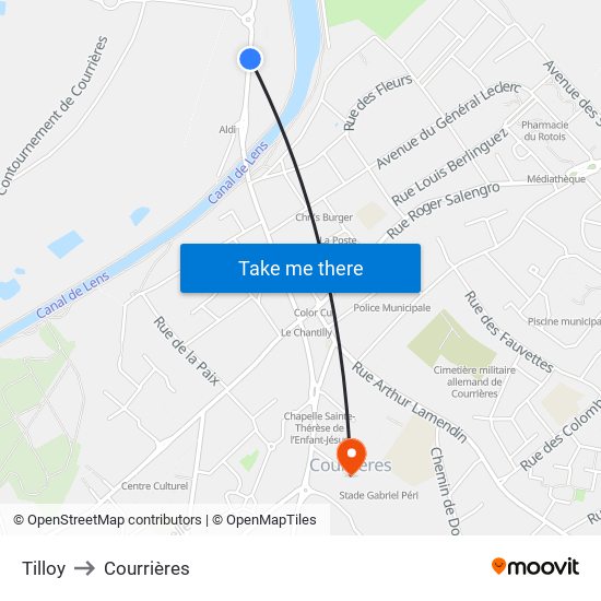 Tilloy to Courrières map