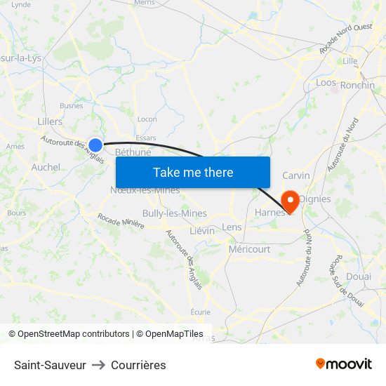 Saint-Sauveur to Courrières map