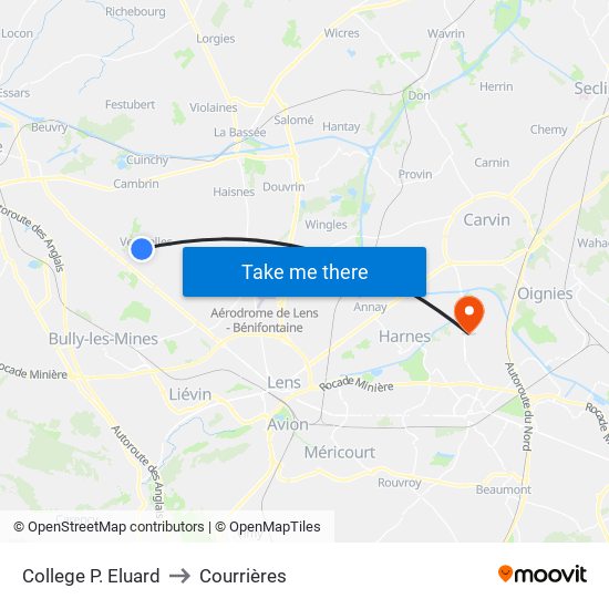 College P. Eluard to Courrières map