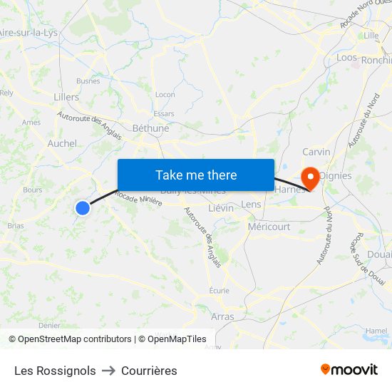 Les Rossignols to Courrières map