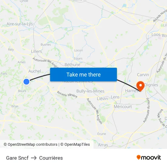 Gare Sncf to Courrières map