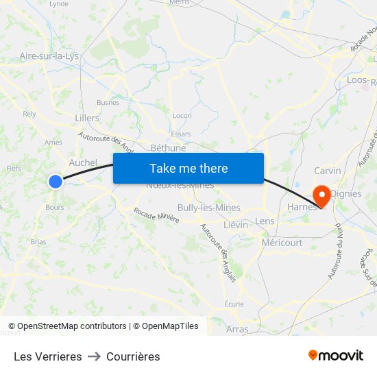 Les Verrieres to Courrières map