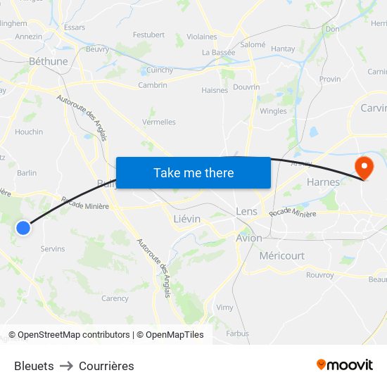 Bleuets to Courrières map