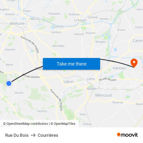 Rue Du Bois to Courrières map