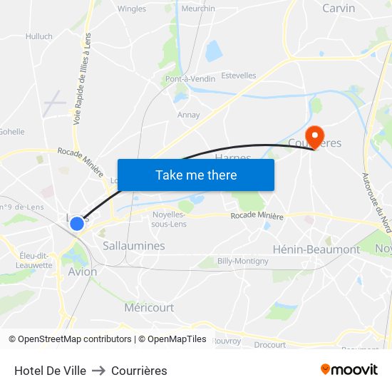 Hotel De Ville to Courrières map