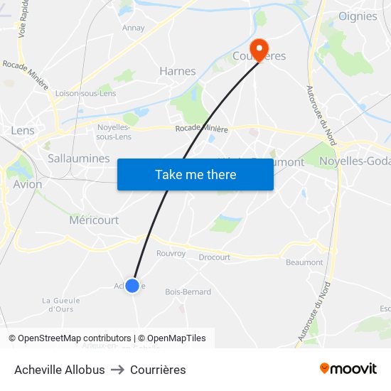 Acheville Allobus to Courrières map
