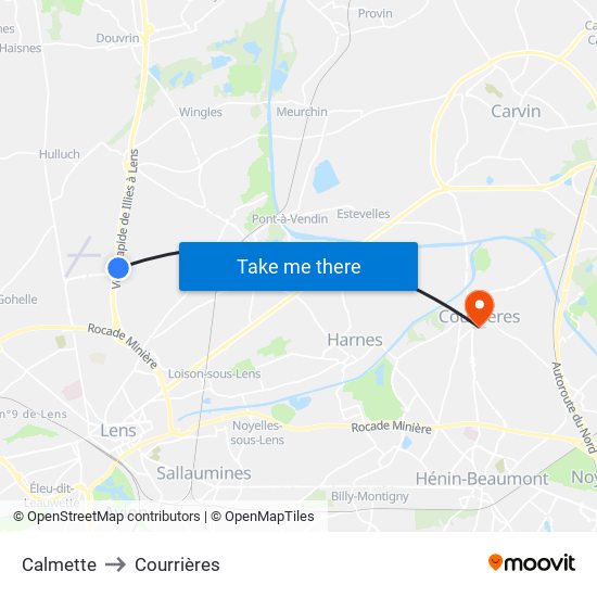 Calmette to Courrières map
