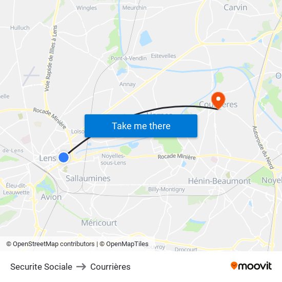 Securite Sociale to Courrières map