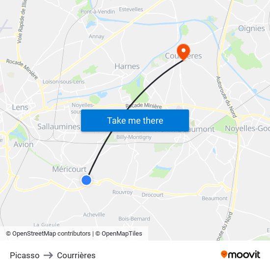 Picasso to Courrières map