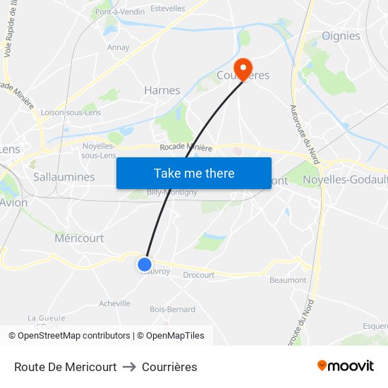 Route De Mericourt to Courrières map