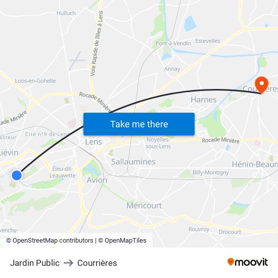 Jardin Public to Courrières map