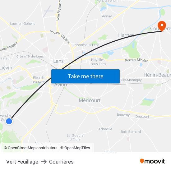 Vert Feuillage to Courrières map