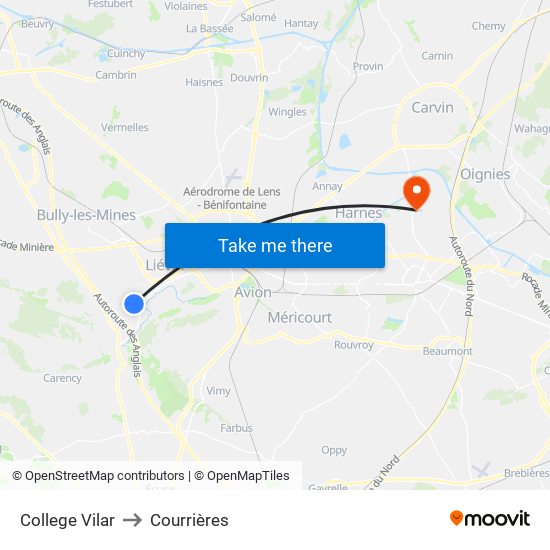 College Vilar to Courrières map