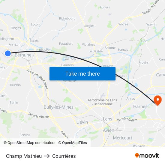 Champ Mathieu to Courrières map