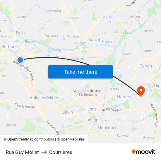 Rue Guy Mollet to Courrières map