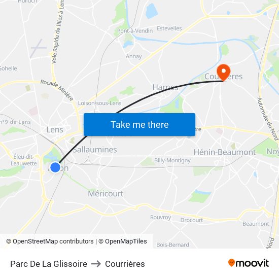 Parc De La Glissoire to Courrières map