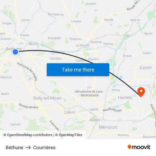 Béthune to Courrières map