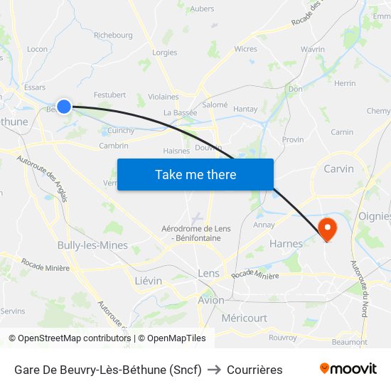 Gare De Beuvry-Lès-Béthune (Sncf) to Courrières map