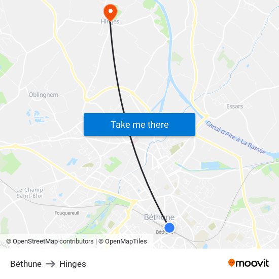 Béthune to Hinges map