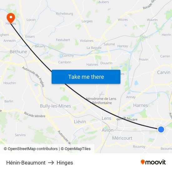 Hénin-Beaumont to Hinges map