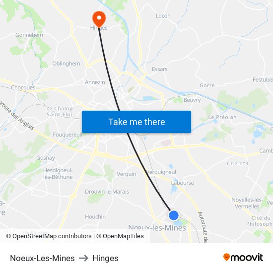 Noeux-Les-Mines to Hinges map