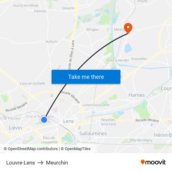 Louvre-Lens to Meurchin map