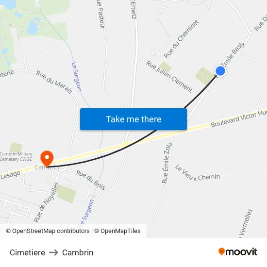 Cimetiere to Cambrin map