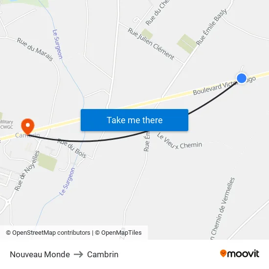 Nouveau Monde to Cambrin map
