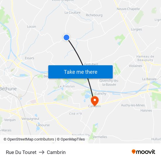 Rue Du Touret to Cambrin map