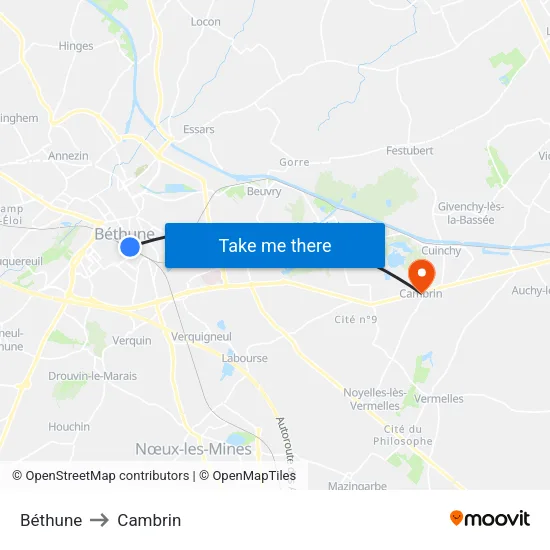 Béthune to Cambrin map