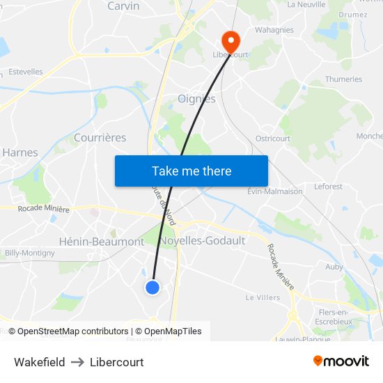 Wakefield to Libercourt map
