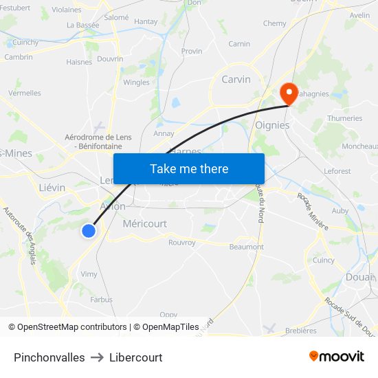 Pinchonvalles to Libercourt map