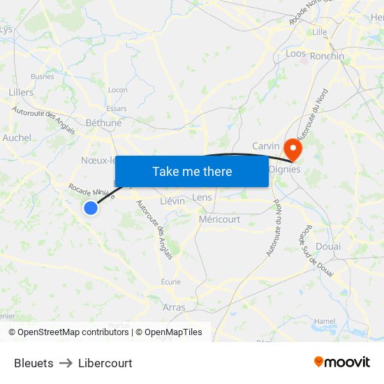 Bleuets to Libercourt map