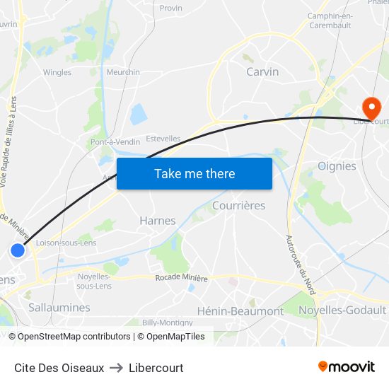 Cite Des Oiseaux to Libercourt map