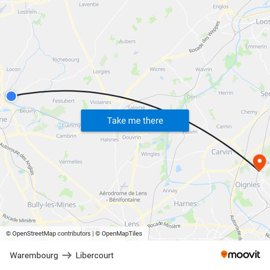 Warembourg to Libercourt map