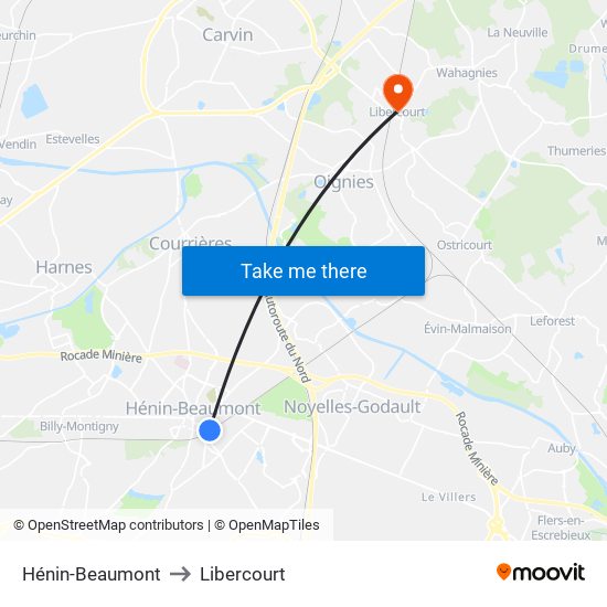 Hénin-Beaumont to Libercourt map