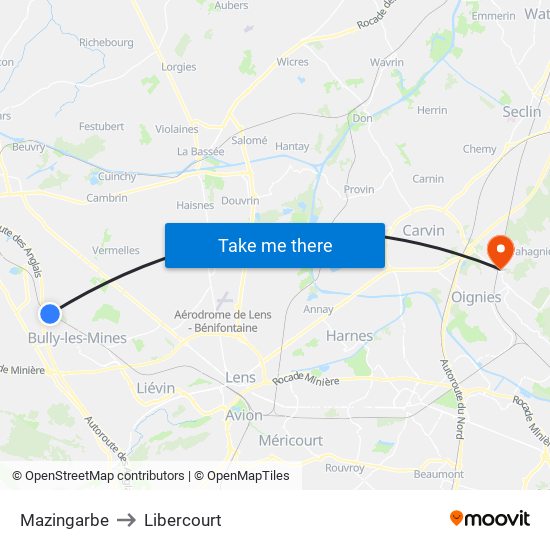 Mazingarbe to Libercourt map
