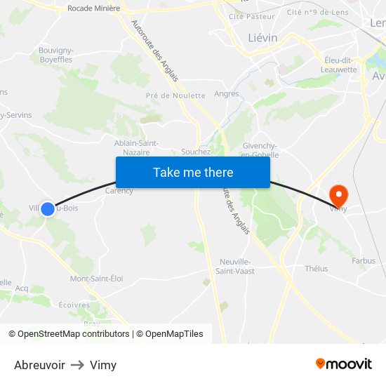 Abreuvoir to Vimy map