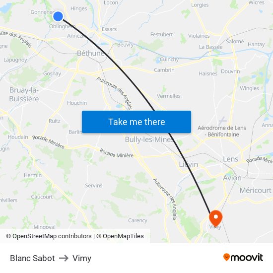 Blanc Sabot to Vimy map