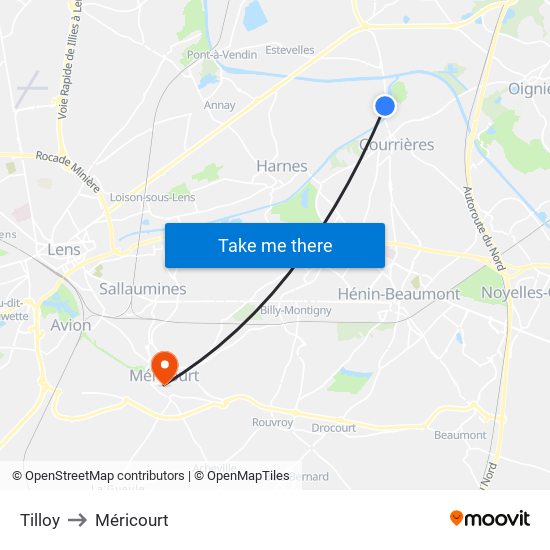 Tilloy to Méricourt map