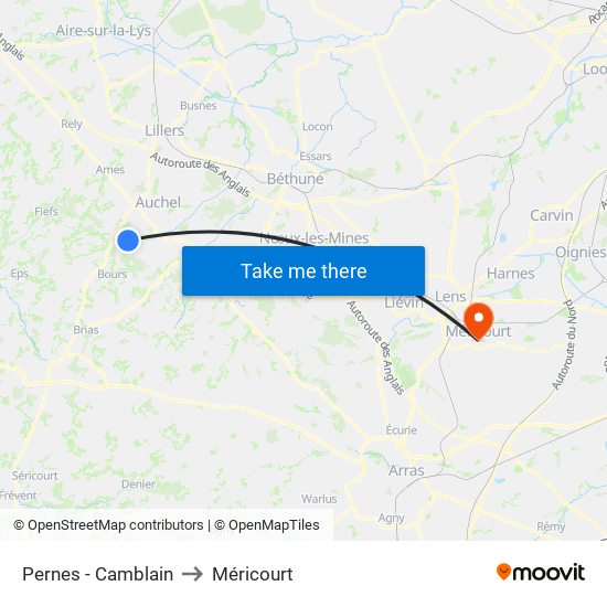 Pernes - Camblain to Méricourt map