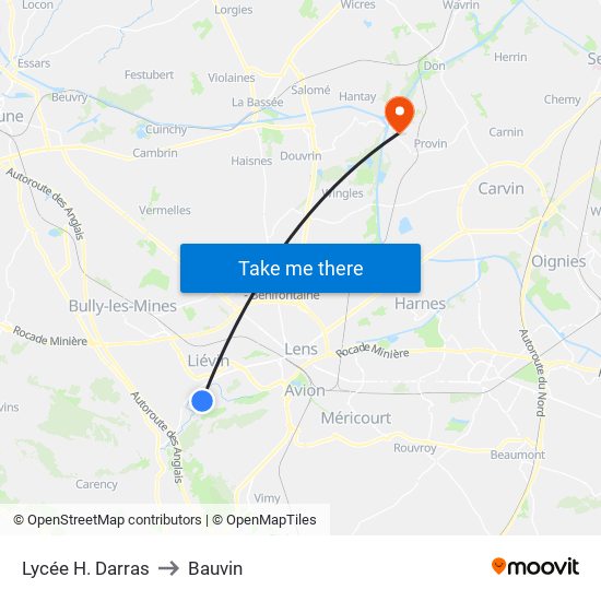Lycée H. Darras to Bauvin map