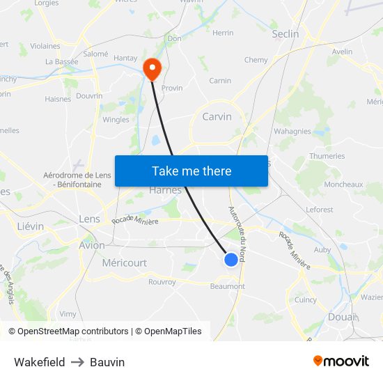 Wakefield to Bauvin map