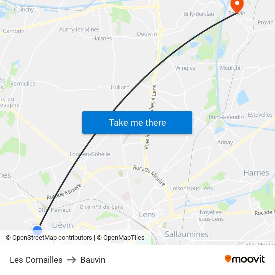 Les Cornailles to Bauvin map