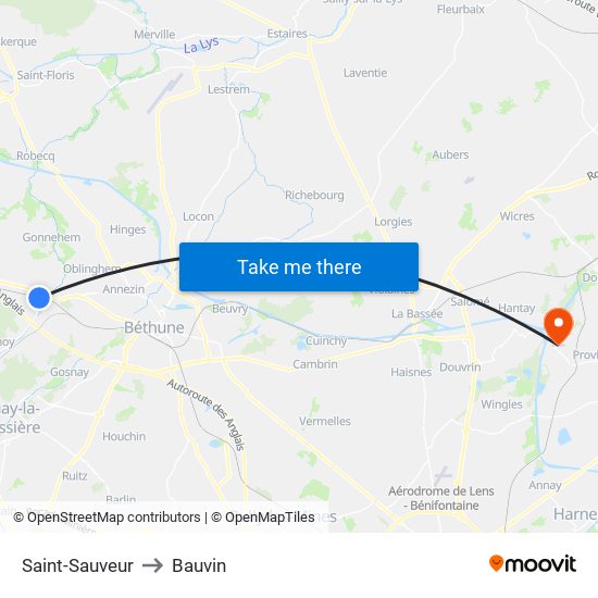 Saint-Sauveur to Bauvin map