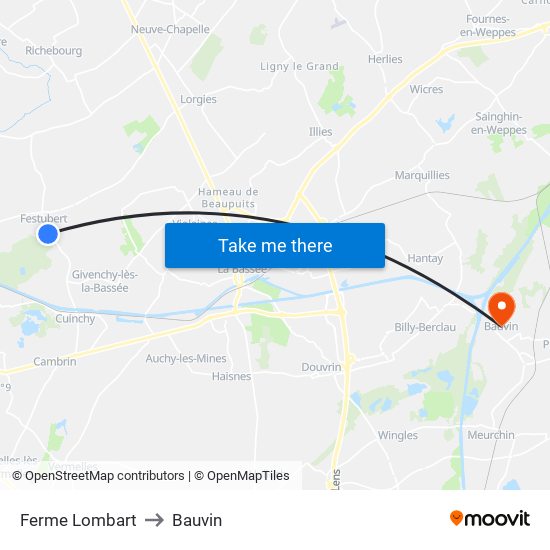 Ferme Lombart to Bauvin map