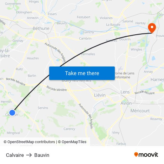 Calvaire to Bauvin map